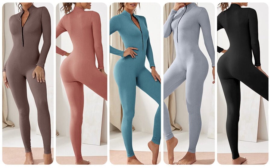 monos de yoga para mujer bodycon de manga larga de una pieza mono deportivo sexy ropa deportiva con cremallera conjunto de gimnasio mujer chandal ajustado elastico acanalados romper scaled